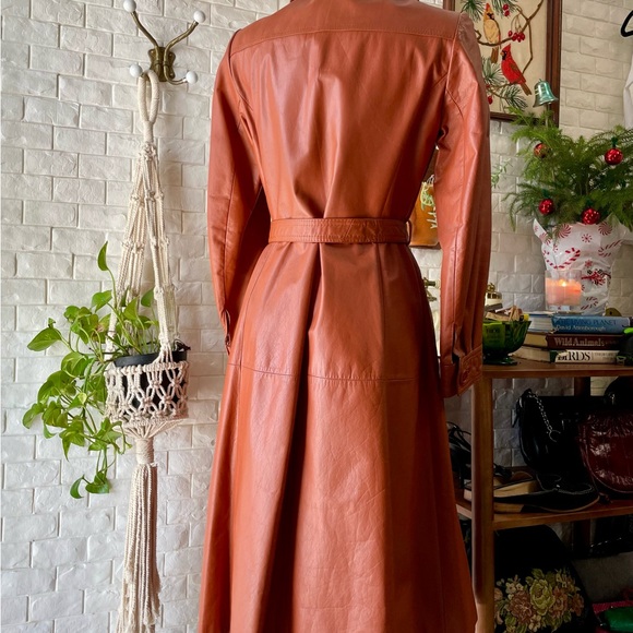 Vintage 1970s Split End Rust Orange 100% Leather Long Belted Trench Coat - Picture 7 of 17